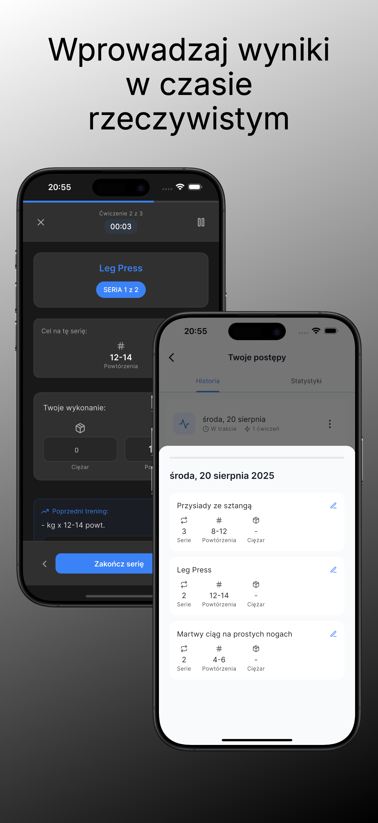 Ekran edycji serii i wyników w trakcie treningu