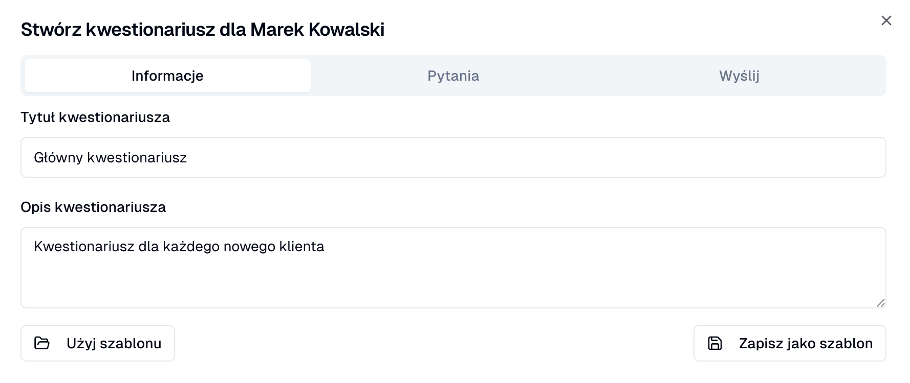 Ekran konfiguracji kwestionariusza