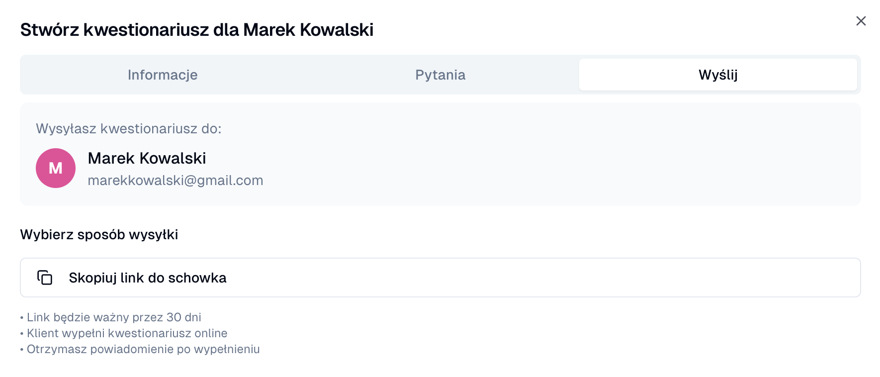 Panel wysyłania kwestionariusza