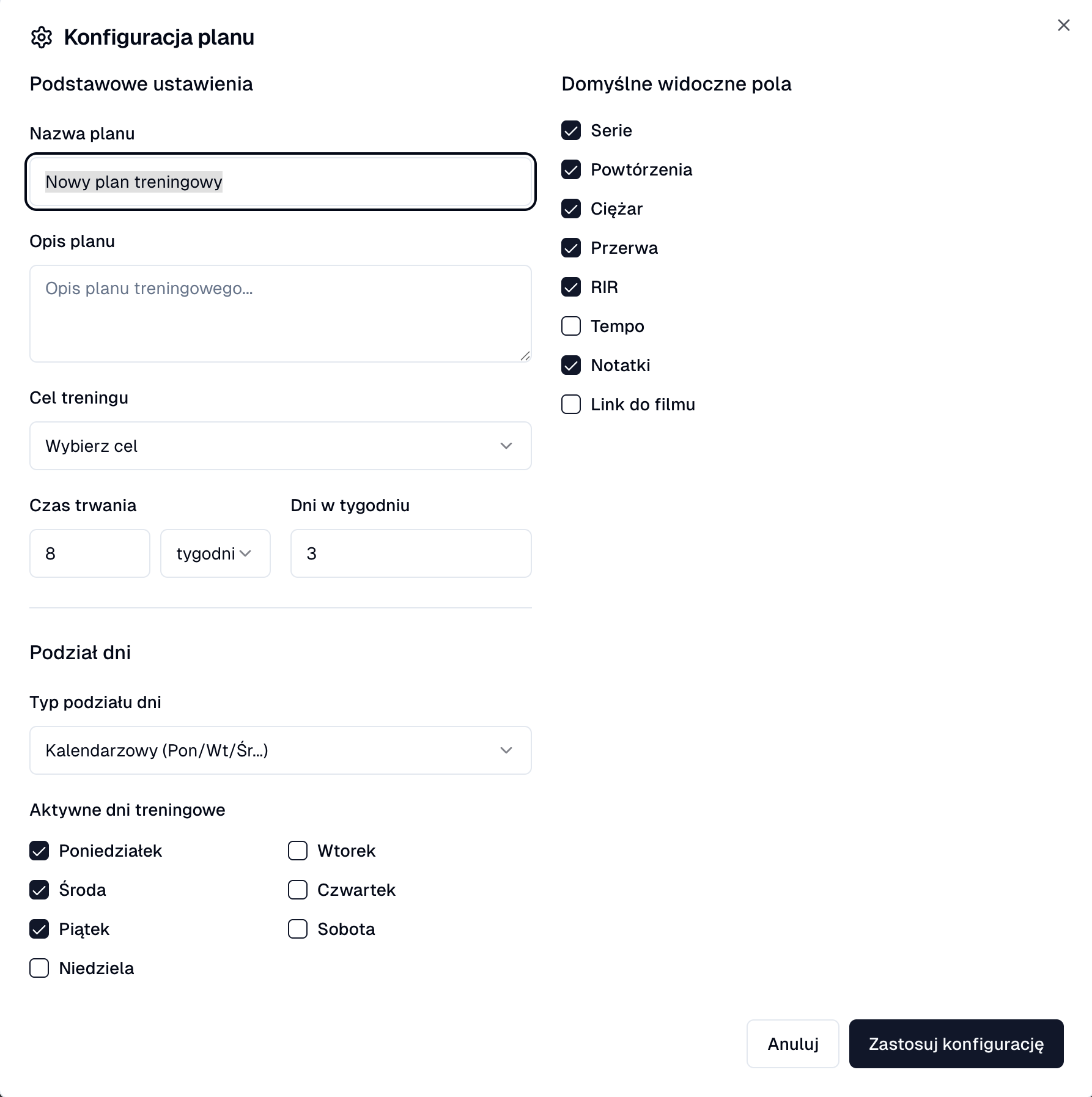 Konfigurator pól i struktury planu treningowego