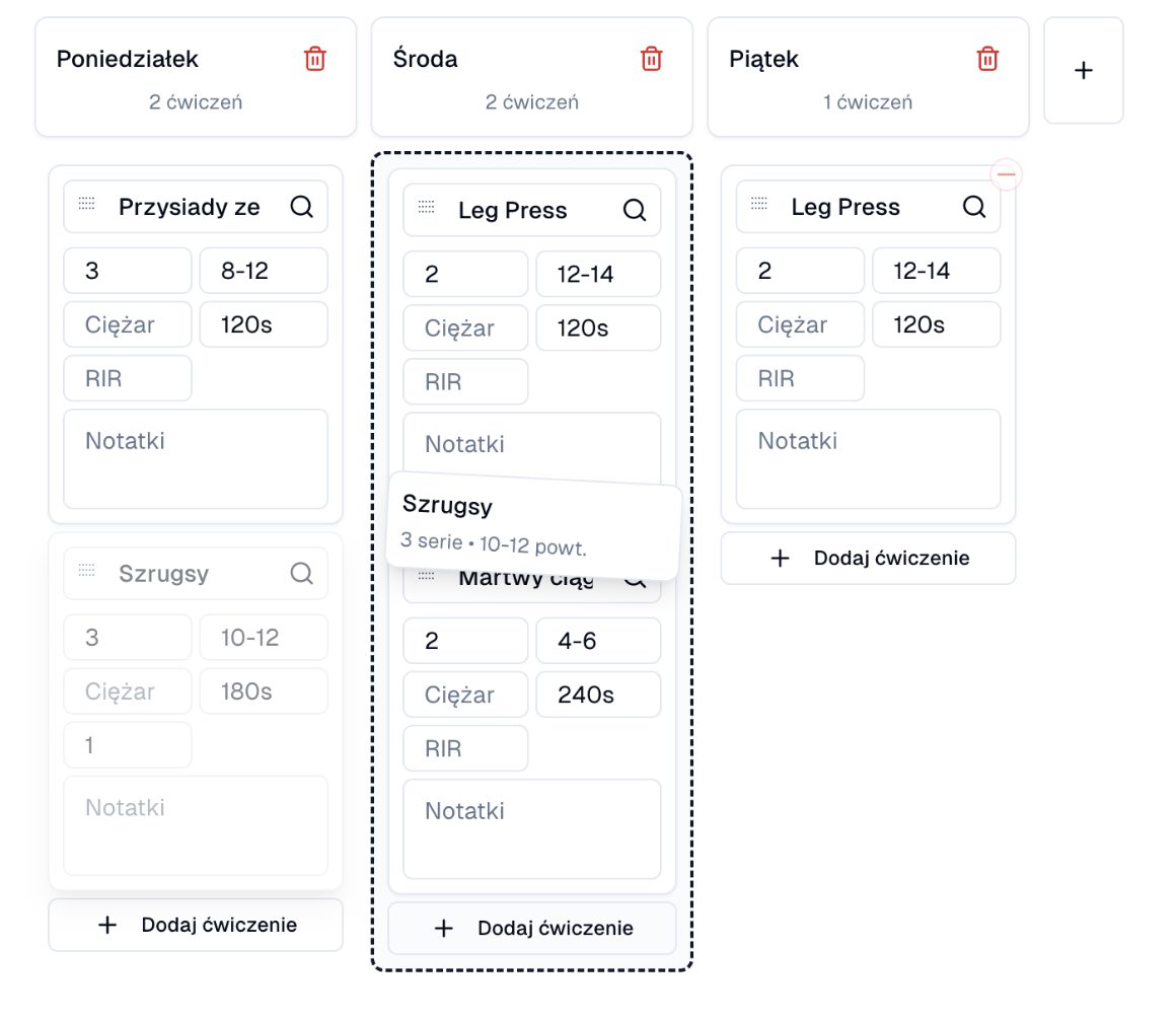 Drag & drop ćwiczeń i dni w kreatorze planu TreningLab