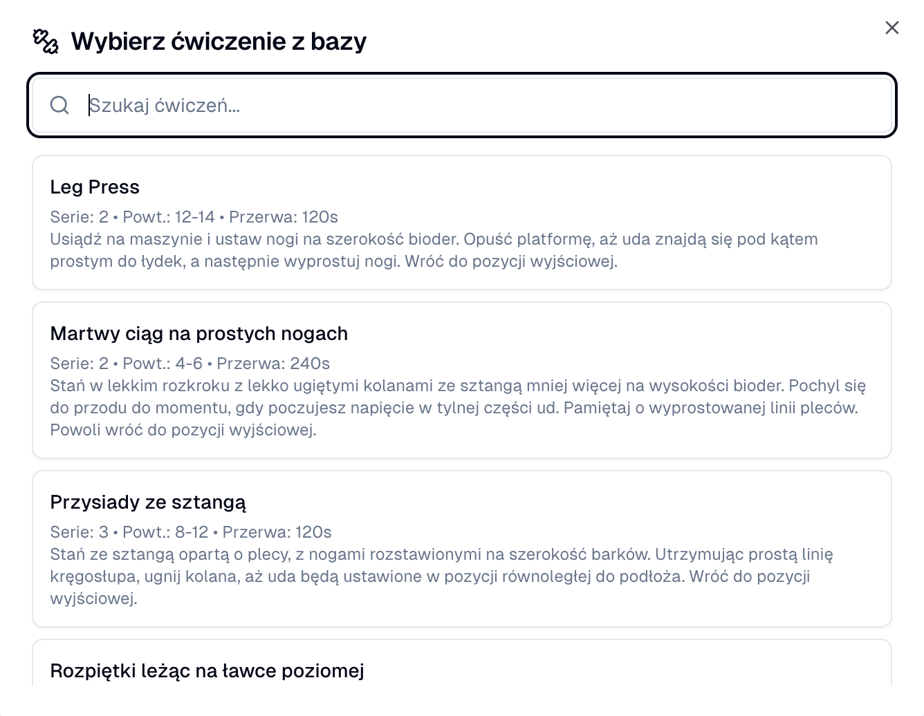 Lista zapisanych szablonów planów treningowych