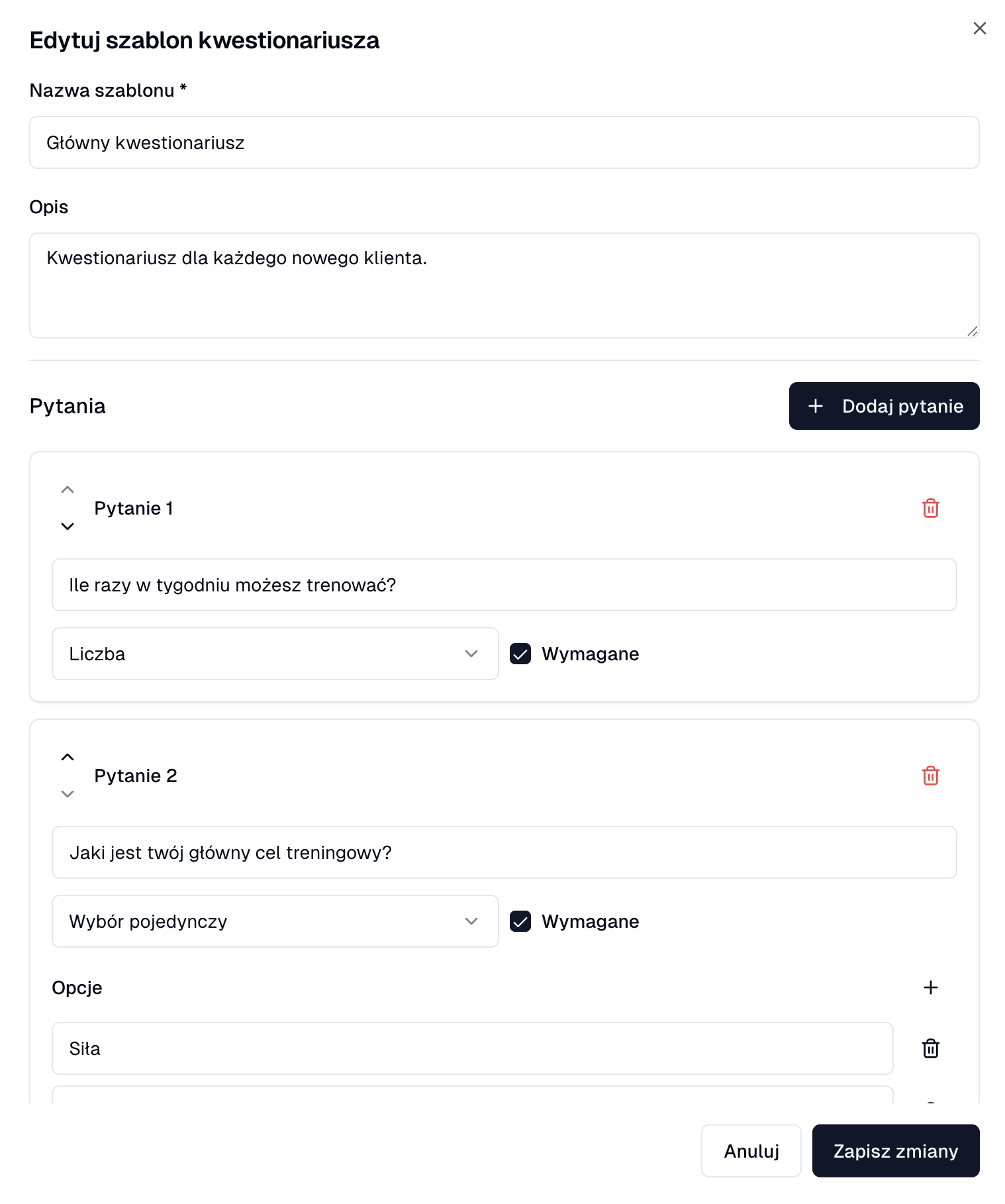 Edycja szablonu kwestionariusza – pola pytań